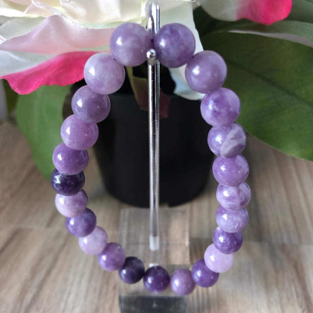 Lepidolite Natural Stone Beads Stretchable Bracelet 7" - 8mm Beads Best gift